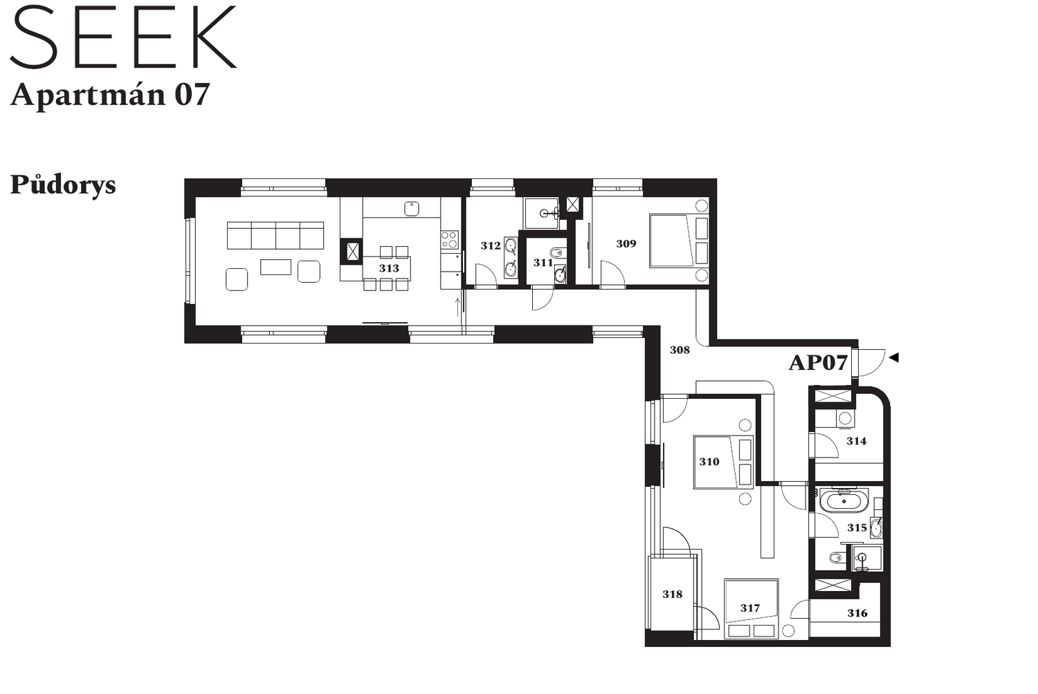 Půdorys apartmánu 07, komplex SEEK, 1.PP